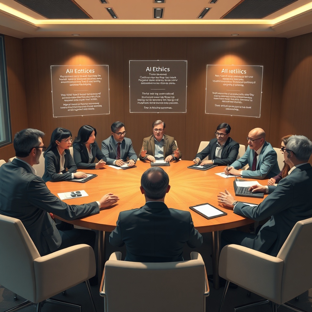 openais - A diverse group of people (scientists, ethicists, policymakers) engaged in a serious discussion around a circular t