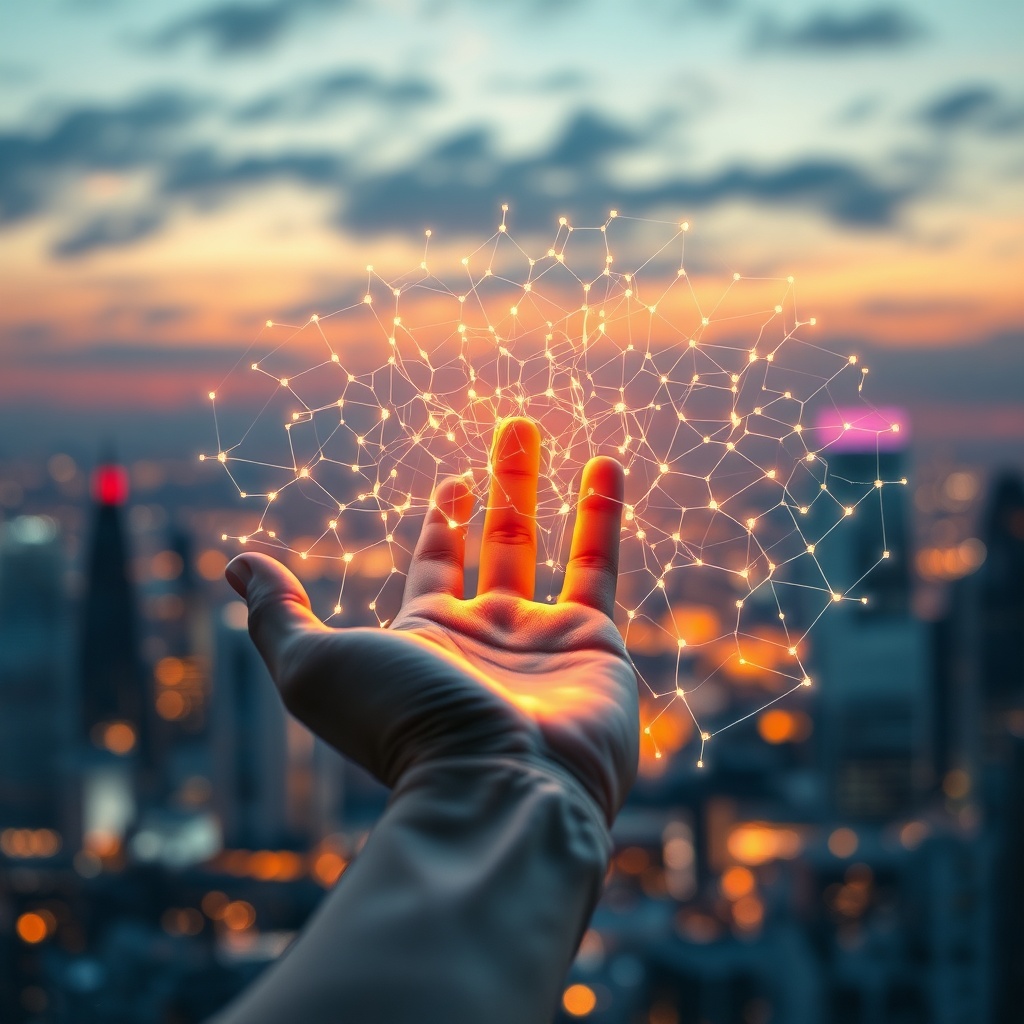openais - A person's hand reaching out to touch a glowing, intricate holographic projection of a complex neural network, symb