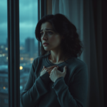 A woman with a distressed expression, clutching her chest, looking out a window at a blurred cityscape. The room is dimly lit, reflecting a sense of isolation and heavy guilt. Soft, cool color palette, cinematic, realistic, highly detailed.