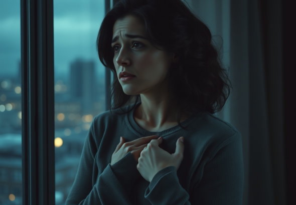 A woman with a distressed expression, clutching her chest, looking out a window at a blurred cityscape. The room is dimly lit, reflecting a sense of isolation and heavy guilt. Soft, cool color palette, cinematic, realistic, highly detailed.