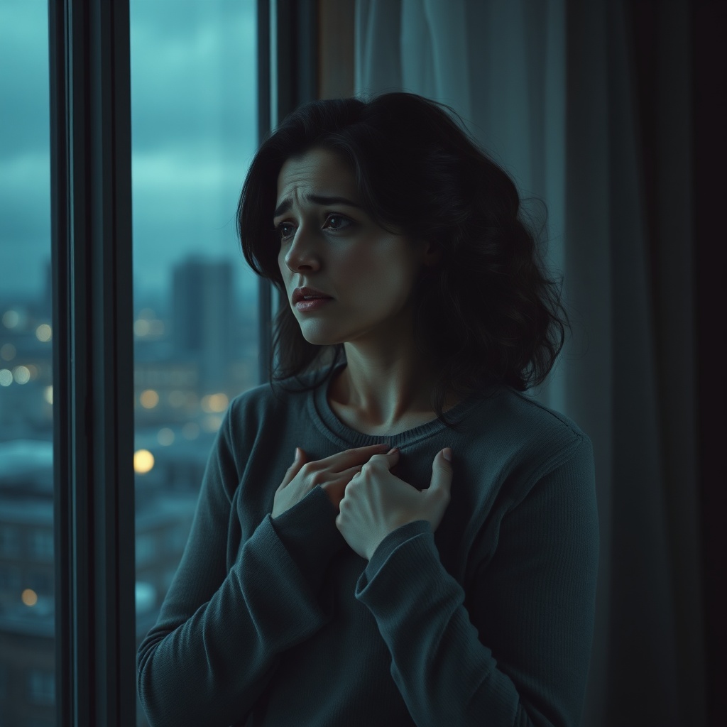 A woman with a distressed expression, clutching her chest, looking out a window at a blurred cityscape. The room is dimly lit, reflecting a sense of isolation and heavy guilt. Soft, cool color palette, cinematic, realistic, highly detailed.