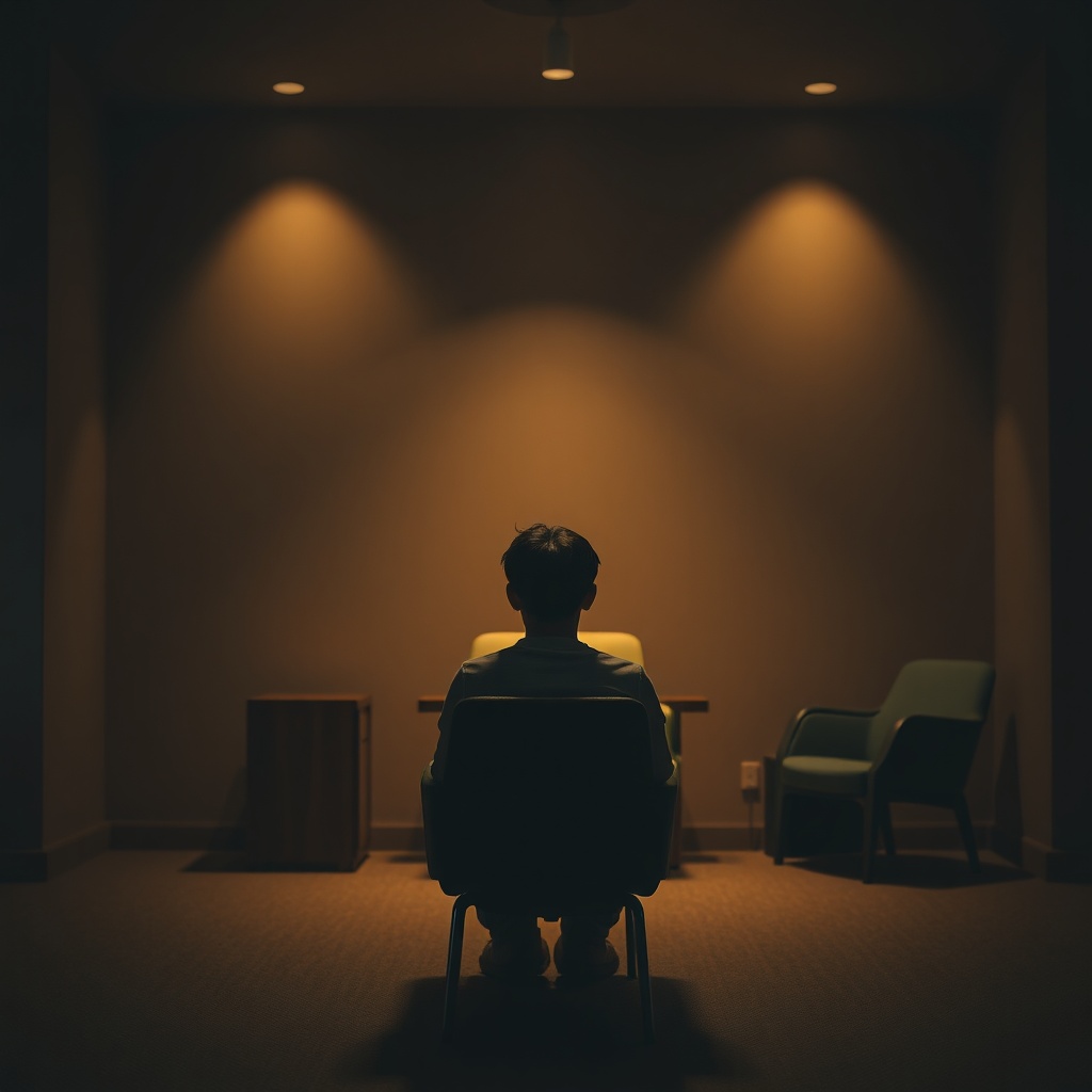 confession - A person sitting alone in a dimly lit therapy room, facing away from the camera, with a therapist's chair partia