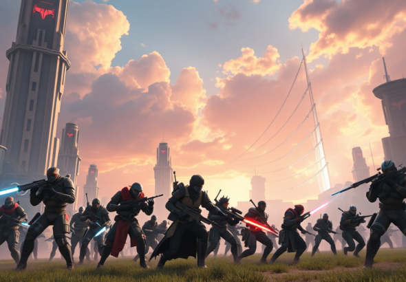 A futuristic battlefield scene from Apex Legends, with a diverse squad of legends in action, vibrant energy effects, a dynamic sky, detailed sci-fi architecture in the background, showing off the competitive nature of the Apex Legends Season. Cinematic, ultra realistic, highly detailed, 8k quality, photorealistic