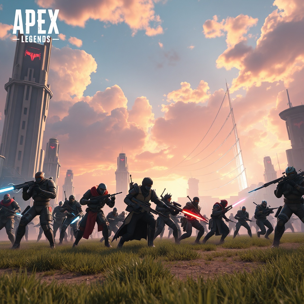 A futuristic battlefield scene from Apex Legends, with a diverse squad of legends in action, vibrant energy effects, a dynamic sky, detailed sci-fi architecture in the background, showing off the competitive nature of the Apex Legends Season. Cinematic, ultra realistic, highly detailed, 8k quality, photorealistic