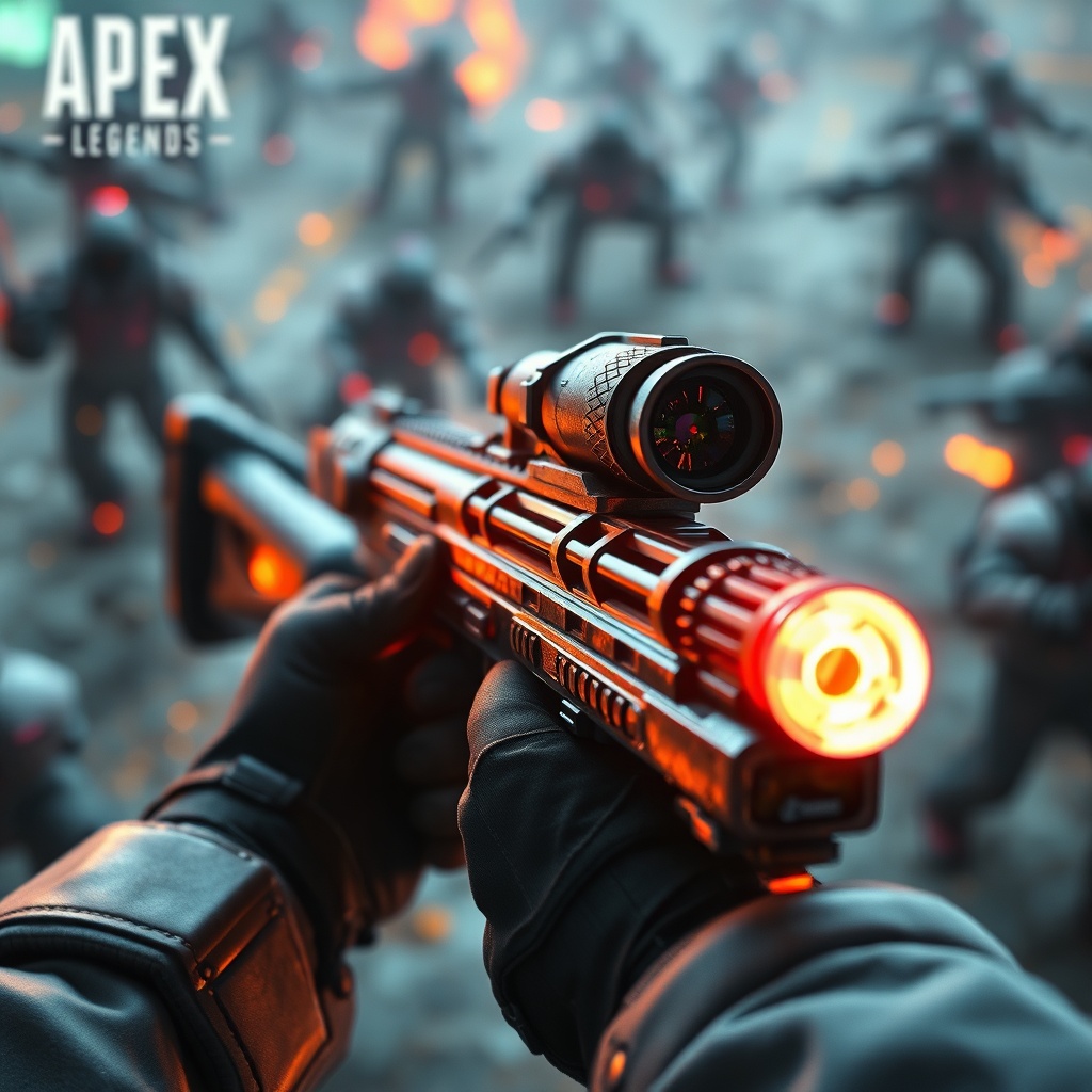 A close-up shot of a player's hands holding a futuristic Apex Legends weapon, aiming down sights, with a blurred background o