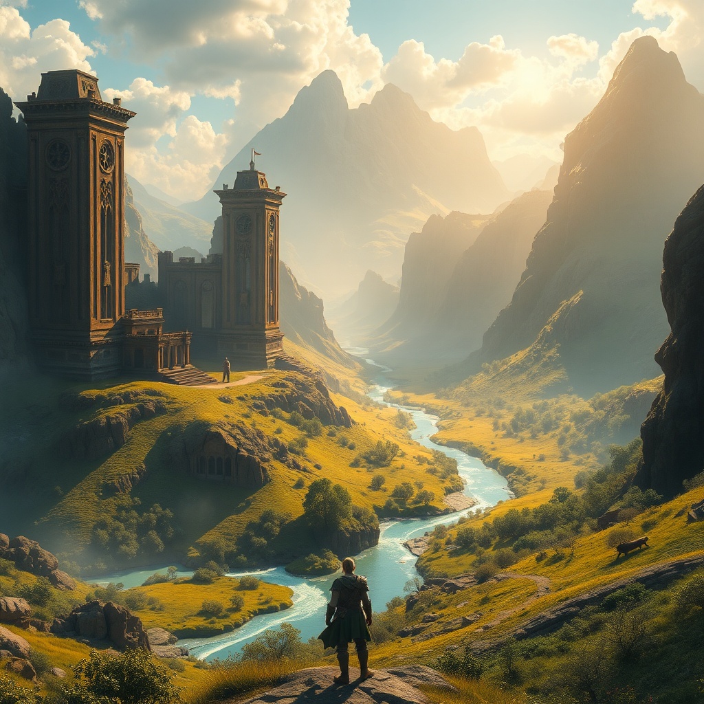 apex - A majestic fantasy landscape from 'Aethelgard's Legacy', featuring towering ancient ruins bathed in golden sunlight, a