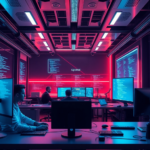 A futuristic software development studio in 2026, featuring sleek holographic interfaces displaying lines of code, developers collaborating with advanced AI assistants, vibrant neon lighting, a sense of innovation and high technology, ultra realistic, highly detailed, 8k quality, photorealistic, Openai branding subtly integrated