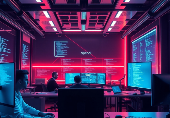 A futuristic software development studio in 2026, featuring sleek holographic interfaces displaying lines of code, developers collaborating with advanced AI assistants, vibrant neon lighting, a sense of innovation and high technology, ultra realistic, highly detailed, 8k quality, photorealistic, Openai branding subtly integrated