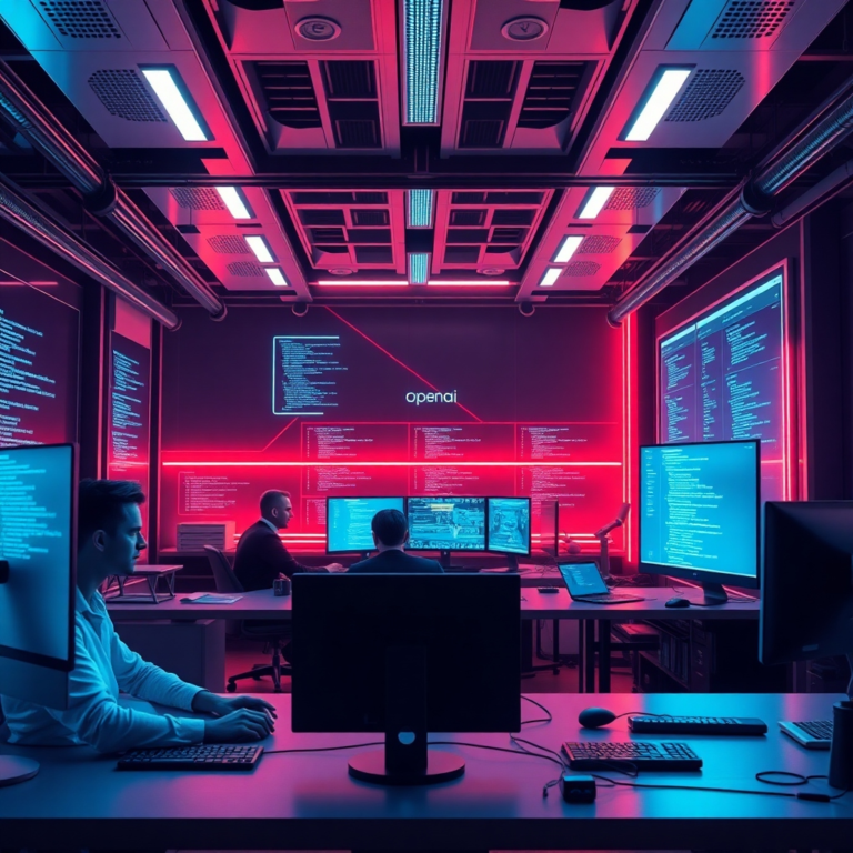 A futuristic software development studio in 2026, featuring sleek holographic interfaces displaying lines of code, developers collaborating with advanced AI assistants, vibrant neon lighting, a sense of innovation and high technology, ultra realistic, highly detailed, 8k quality, photorealistic, Openai branding subtly integrated