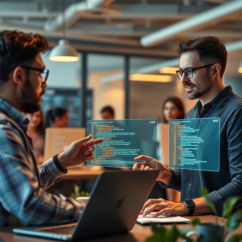 A diverse team of software developers in a modern, collaborative office space, actively interacting with holographic displays