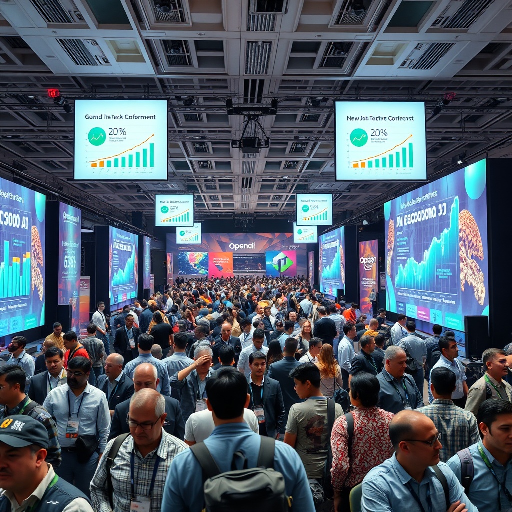 A bustling global tech conference in 2026, featuring diverse attendees from various countries engaging in discussions about A