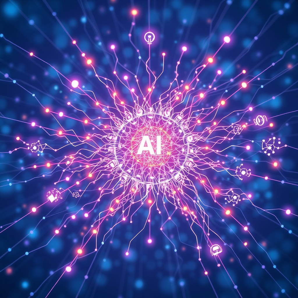 A conceptual image representing the future of AI innovation, with a glowing, intricate neural network expanding outwards from