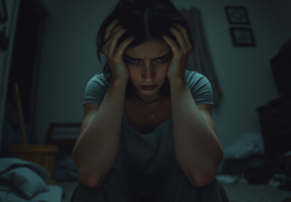 A woman sitting alone in a dimly lit room, holding her head in her hands, looking overwhelmed and distressed. The room is slightly messy, hinting at neglect, and the atmosphere is heavy with regret and fear. Soft, muted colors, realistic, poignant, cinematic lighting.