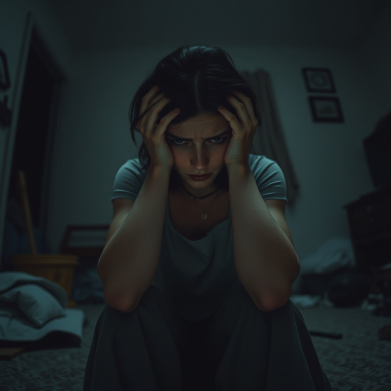 A woman sitting alone in a dimly lit room, holding her head in her hands, looking overwhelmed and distressed. The room is slightly messy, hinting at neglect, and the atmosphere is heavy with regret and fear. Soft, muted colors, realistic, poignant, cinematic lighting.