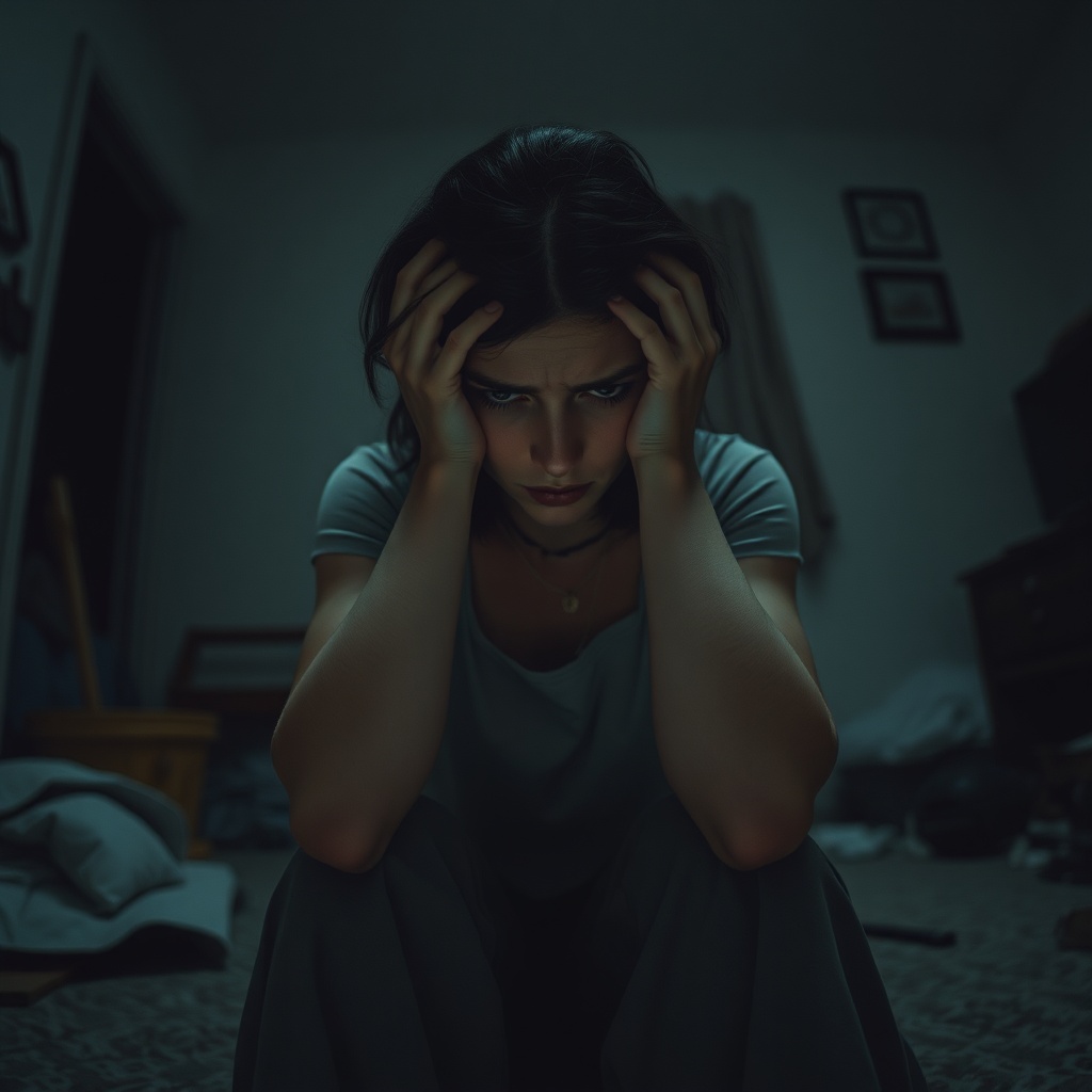 A woman sitting alone in a dimly lit room, holding her head in her hands, looking overwhelmed and distressed. The room is slightly messy, hinting at neglect, and the atmosphere is heavy with regret and fear. Soft, muted colors, realistic, poignant, cinematic lighting.