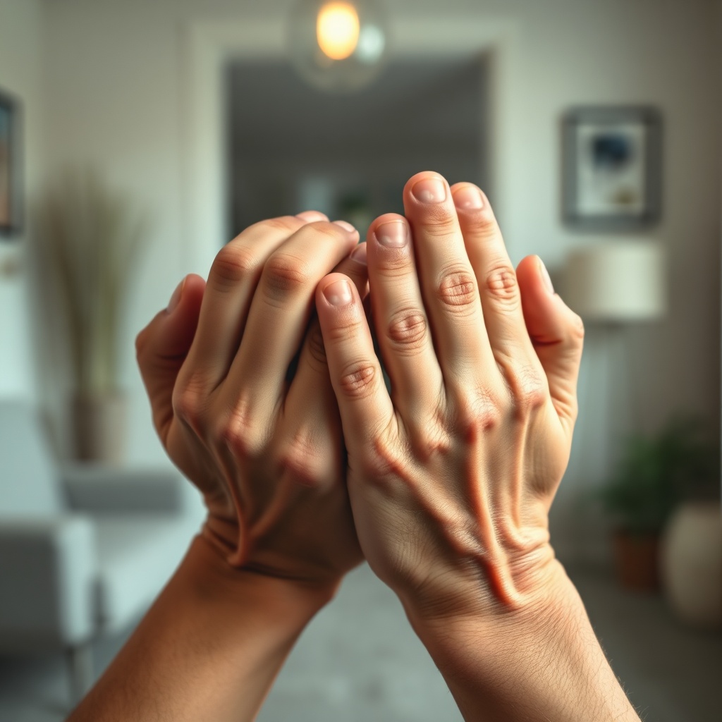 confession - A person's hands clasped tightly, showing signs of anxiety, with a blurred therapist's office in the background.