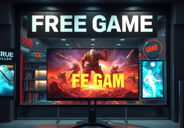 A digital storefront displaying a 'FREE GAME' banner prominently, with a highly detailed, fantastical action-adventure game cover art in the center. The scene is vibrant with glowing UI elements and a sense of excitement. Futuristic, high-resolution, gaming desktop setup, cinematic lighting, 8k quality, photorealistic