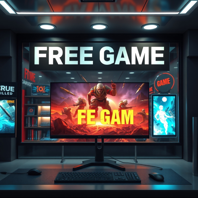 A digital storefront displaying a 'FREE GAME' banner prominently, with a highly detailed, fantastical action-adventure game cover art in the center. The scene is vibrant with glowing UI elements and a sense of excitement. Futuristic, high-resolution, gaming desktop setup, cinematic lighting, 8k quality, photorealistic