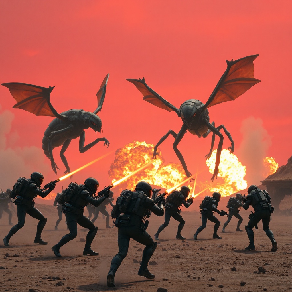 epic - A squad of Helldivers in futuristic power armor engaging giant insectoid aliens on a desolate, alien planet under a re