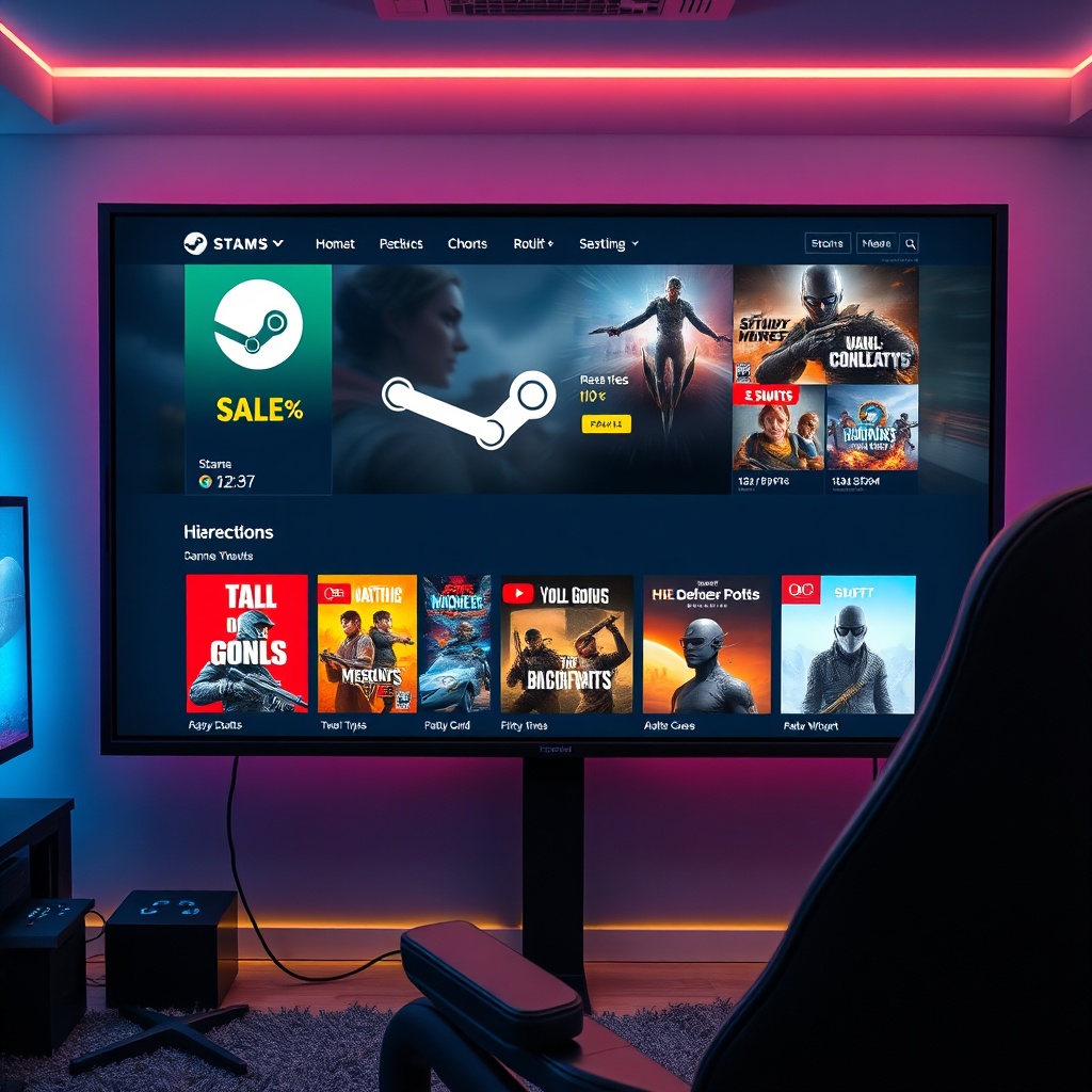 epic - A vibrant Steam storefront interface displayed on a large monitor, showcasing various game titles with prominent 'SALE
