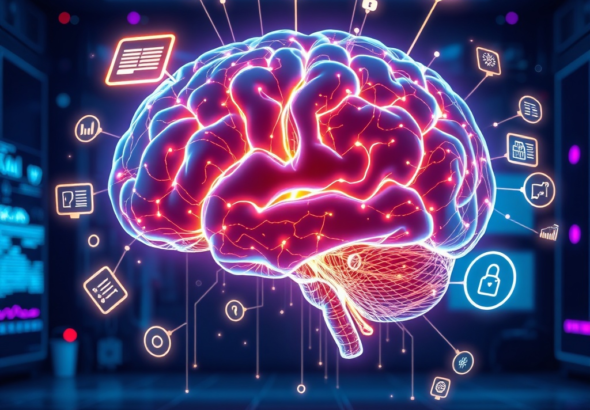 futuristic AI holographic brain glowing with intricate neural pathways, surrounded by floating data points and multimodal icons (text, image, audio, video), showcasing complex reasoning, dark blue and purple neon lights, high-tech lab environment, cinematic, ultra realistic, highly detailed, 8k quality, photorealistic, concept art