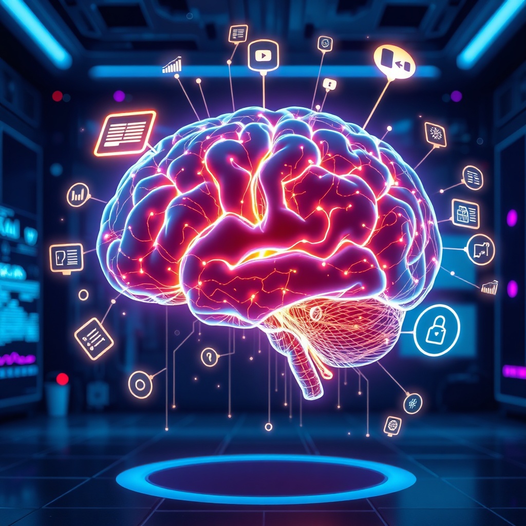 futuristic AI holographic brain glowing with intricate neural pathways, surrounded by floating data points and multimodal icons (text, image, audio, video), showcasing complex reasoning, dark blue and purple neon lights, high-tech lab environment, cinematic, ultra realistic, highly detailed, 8k quality, photorealistic, concept art