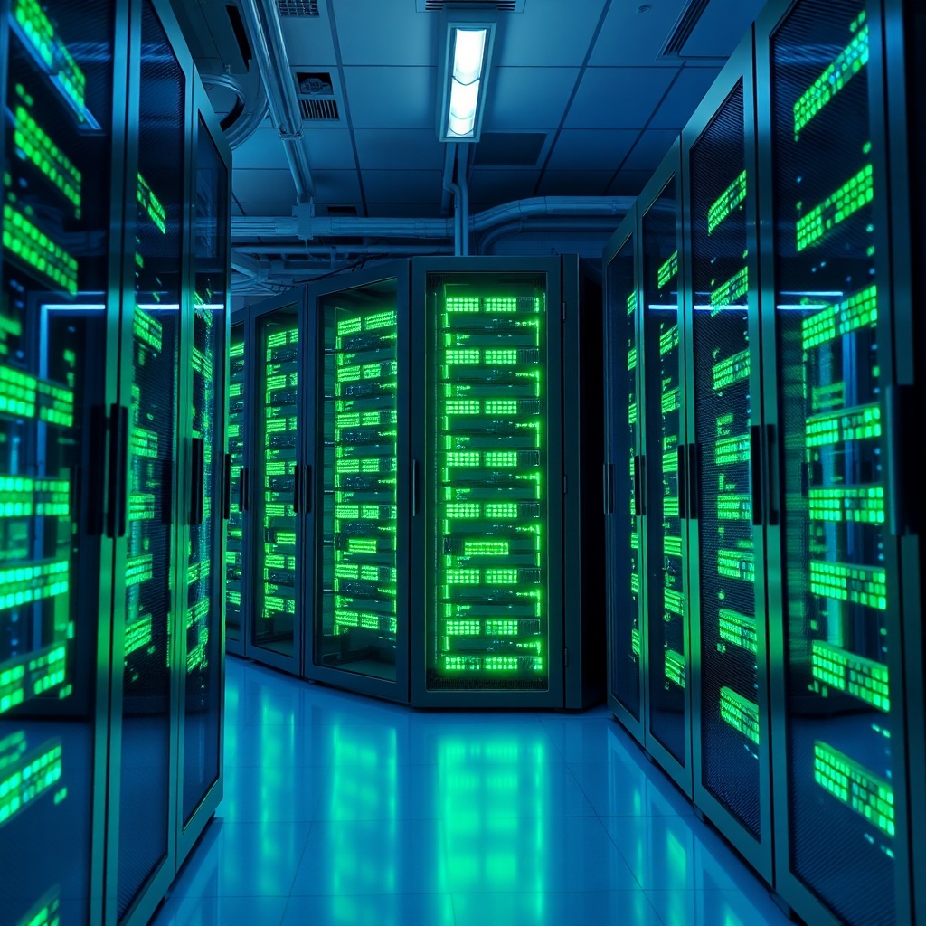 openais - sleek, modern data center server racks glowing with efficient blue and green lights, optimized for low energy consu