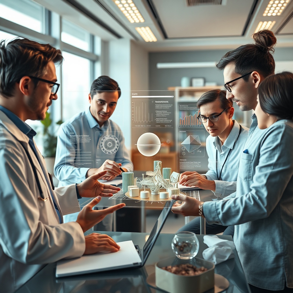 openais - diverse group of professionals (doctor, teacher, artist, engineer) collaborating around a holographic interface dis