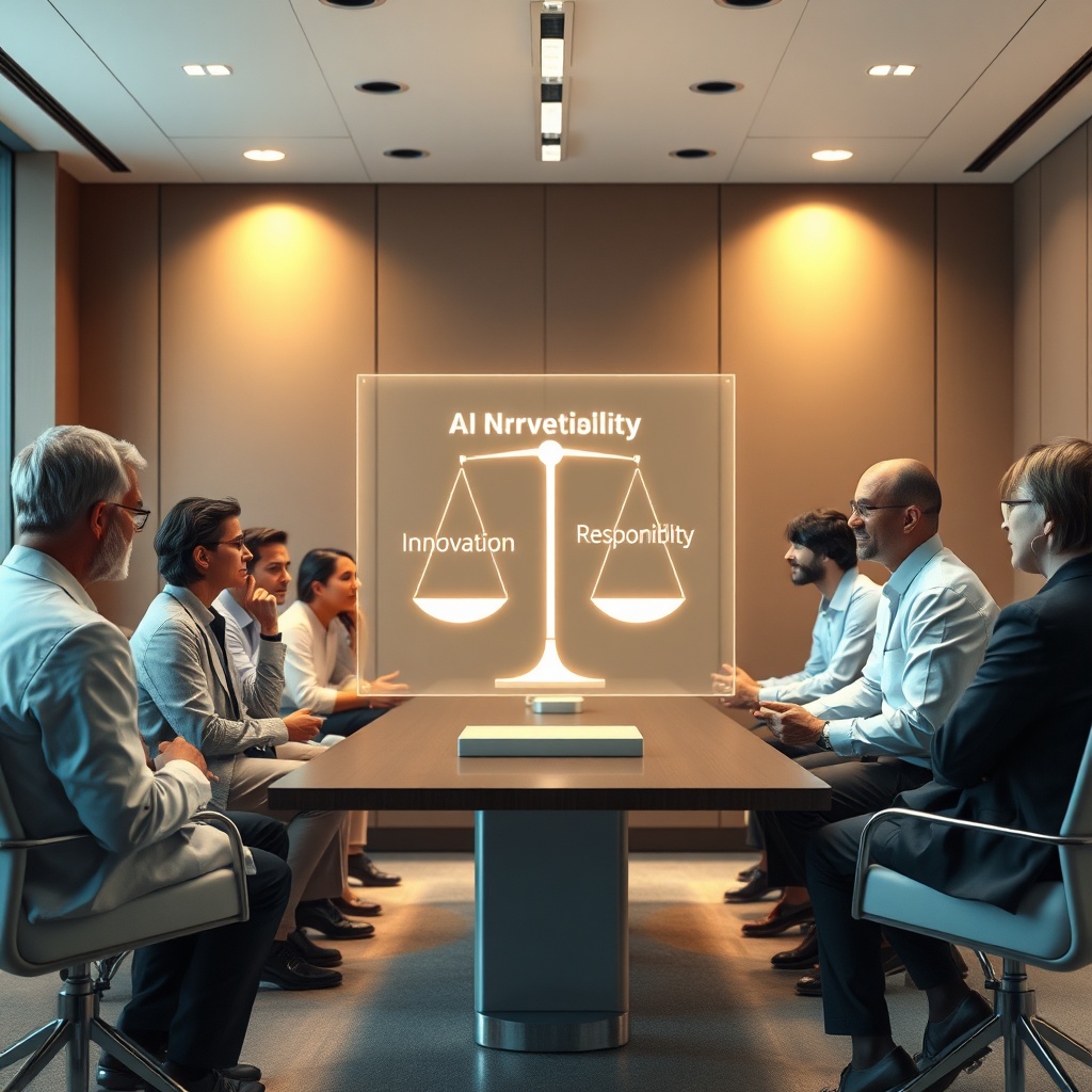 openais - diverse group of scientists, ethicists, and policymakers in a modern conference room, discussing AI regulations and