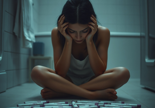 A woman sitting alone on a bathroom floor, head in her hands, surrounded by multiple positive pregnancy tests. The bathroom is dimly lit, reflecting her despair and shock. There's a subtle glow from the window, but the overall mood is somber and overwhelmed. Cinematic, realistic, high detail, 8k quality, photorealistic.