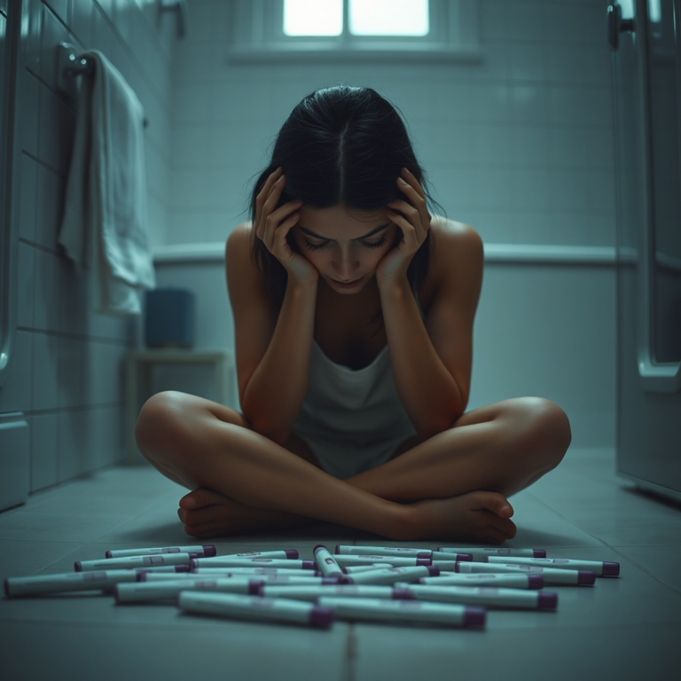 A woman sitting alone on a bathroom floor, head in her hands, surrounded by multiple positive pregnancy tests. The bathroom is dimly lit, reflecting her despair and shock. There's a subtle glow from the window, but the overall mood is somber and overwhelmed. Cinematic, realistic, high detail, 8k quality, photorealistic.