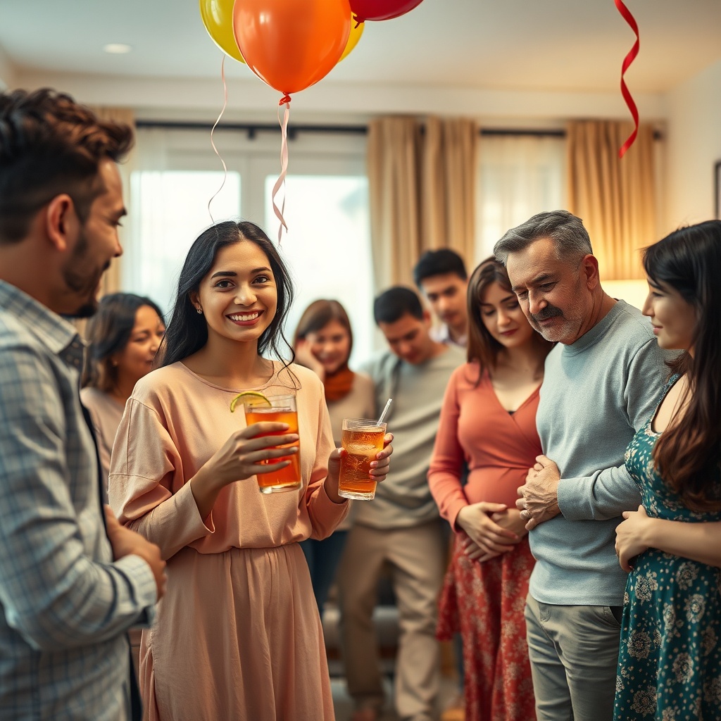 tifu - A diverse family gathered in a brightly lit living room, celebrating. Balloons and streamers are visible. One sister i