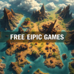 A stylized, epic fantasy RPG world map showing diverse landscapes, ancient ruins, and quest markers, with a prominent 'FREE ON EPIC GAMES' banner overlay. The map has a warm, inviting glow, suggesting adventure and discovery. Highly detailed, vibrant colors, digital painting style, cinematic, ultra realistic, 8k quality, photorealistic