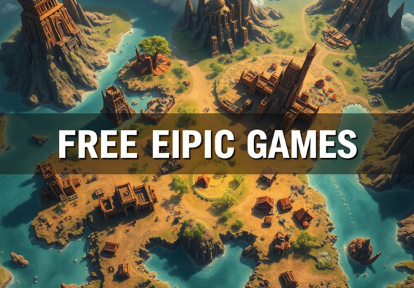 A stylized, epic fantasy RPG world map showing diverse landscapes, ancient ruins, and quest markers, with a prominent 'FREE ON EPIC GAMES' banner overlay. The map has a warm, inviting glow, suggesting adventure and discovery. Highly detailed, vibrant colors, digital painting style, cinematic, ultra realistic, 8k quality, photorealistic