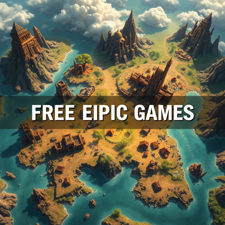 A stylized, epic fantasy RPG world map showing diverse landscapes, ancient ruins, and quest markers, with a prominent 'FREE ON EPIC GAMES' banner overlay. The map has a warm, inviting glow, suggesting adventure and discovery. Highly detailed, vibrant colors, digital painting style, cinematic, ultra realistic, 8k quality, photorealistic