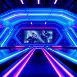 a sleek futuristic digital interface showing a video generation timeline, glowing blue and violet light streaks, high-tech studio environment, cinematic lighting, sharp focus, 8k resolution, professional tech blog style