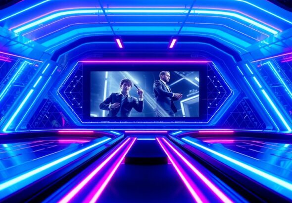 a sleek futuristic digital interface showing a video generation timeline, glowing blue and violet light streaks, high-tech studio environment, cinematic lighting, sharp focus, 8k resolution, professional tech blog style
