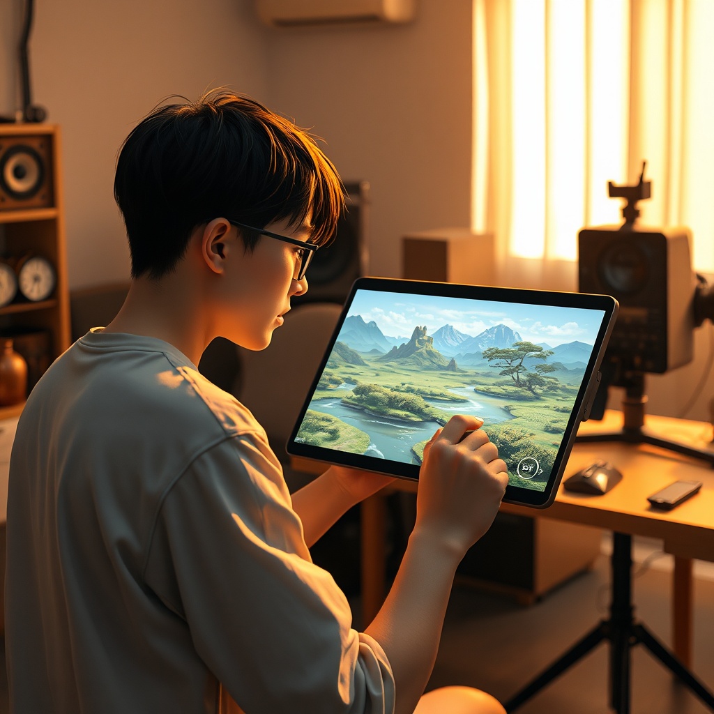 openai - a digital artist using a tablet to adjust a 3D video scene, holographic interface showing a landscape, warm studio l