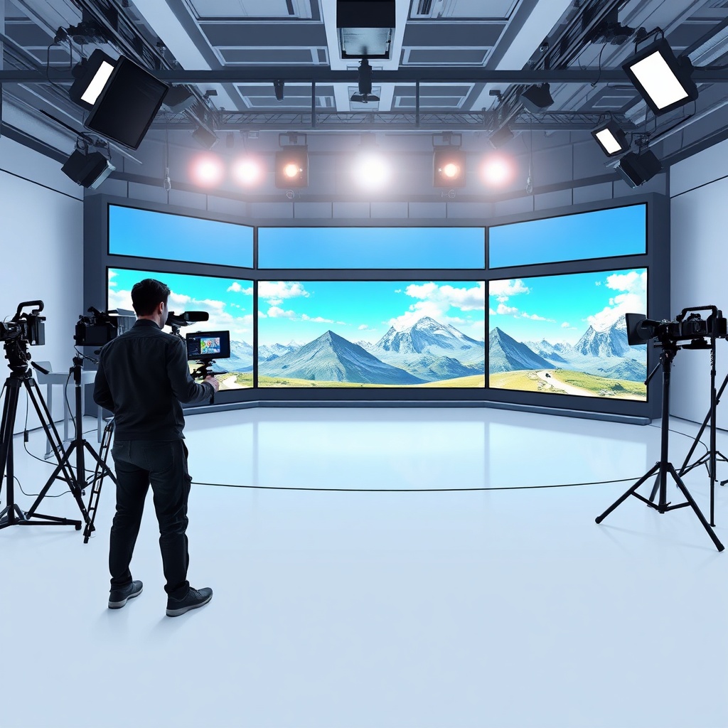 openai - a film director standing on a virtual movie set, digital screens displaying changing daylight scenarios, professiona