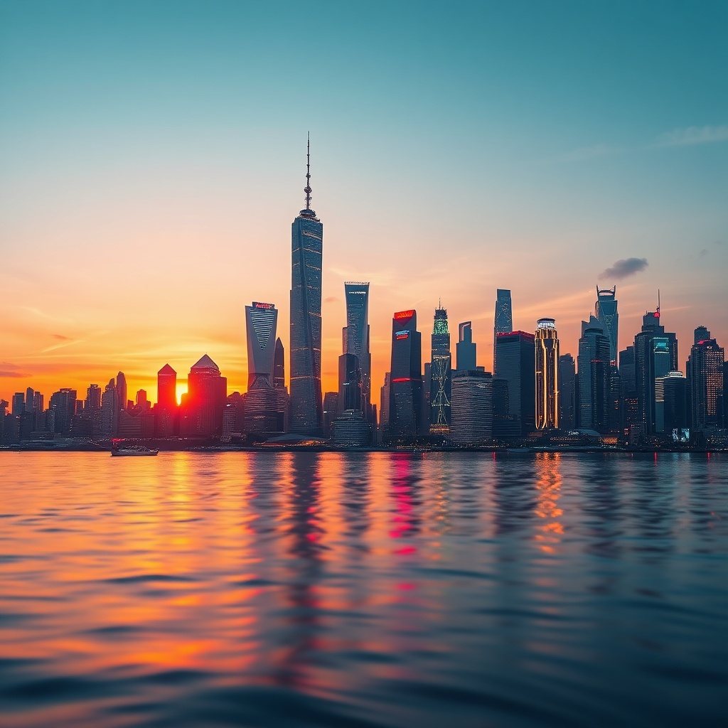 openai - a futuristic city skyline during sunset, digital neon lights reflecting on water, artistic representation of AI grow
