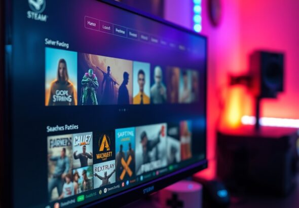a high-quality close-up shot of a modern gaming PC monitor displaying the Steam store interface with various game thumbnails, warm ambient RGB lighting in the background, professional gaming setup aesthetic, sharp focus, vibrant colors, cinematic lighting, 8k resolution