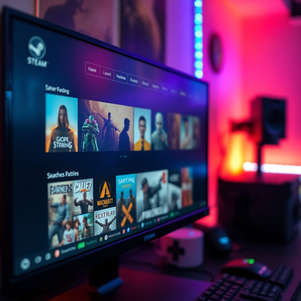 a high-quality close-up shot of a modern gaming PC monitor displaying the Steam store interface with various game thumbnails, warm ambient RGB lighting in the background, professional gaming setup aesthetic, sharp focus, vibrant colors, cinematic lighting, 8k resolution