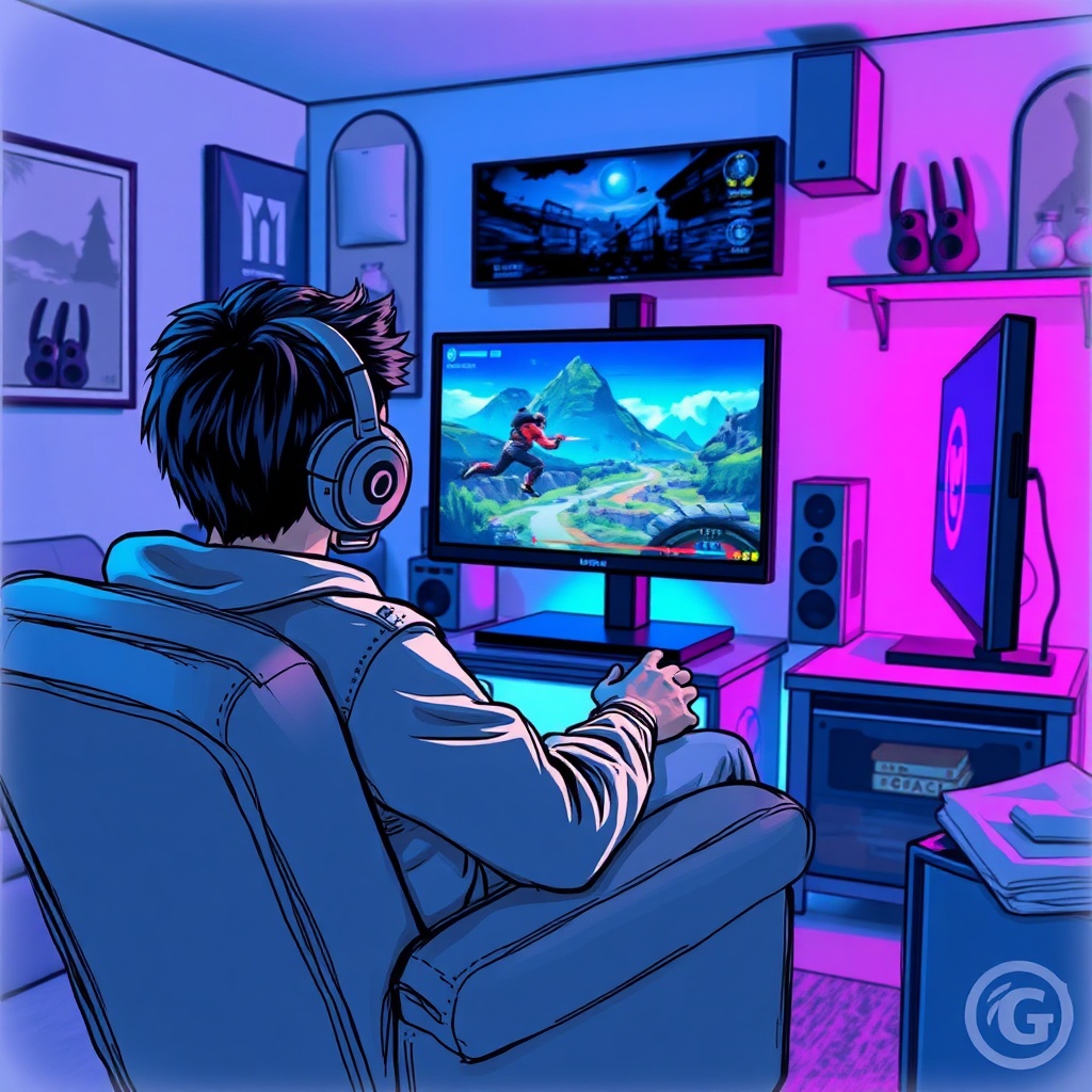 weekend - a gamer sitting in a comfortable chair, focused on a monitor screen displaying an action-adventure game, cozy room