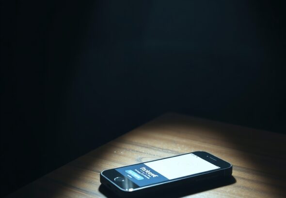 A dimly lit room with a single smartphone lying on a wooden side table, soft shadows, dramatic atmosphere, high contrast, cinematic photography style, focus on the screen of the phone showing a notification, moody interior design.
