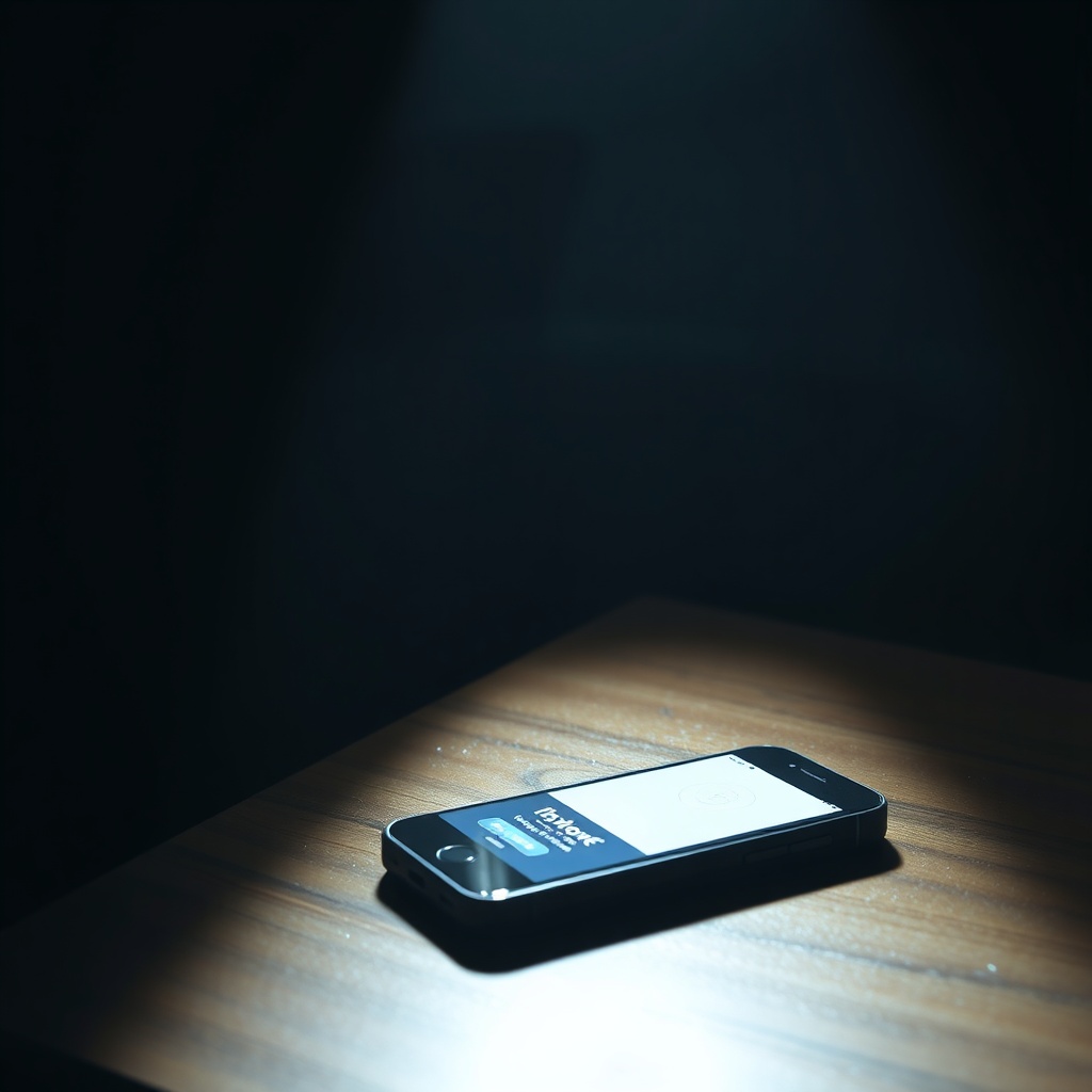 A dimly lit room with a single smartphone lying on a wooden side table, soft shadows, dramatic atmosphere, high contrast, cinematic photography style, focus on the screen of the phone showing a notification, moody interior design.