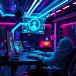 a sleek futuristic studio setup with a professional developer interacting with a holographic video interface, glowing blue and violet ambient lighting, high-tech workspace, ultra realistic, 8k quality, cinematic depth of field