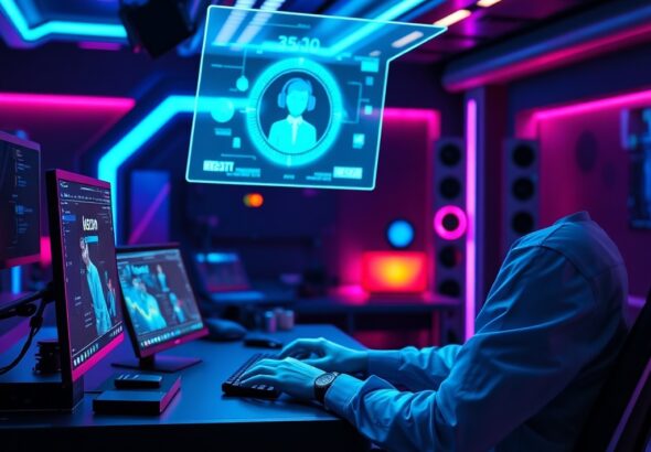 a sleek futuristic studio setup with a professional developer interacting with a holographic video interface, glowing blue and violet ambient lighting, high-tech workspace, ultra realistic, 8k quality, cinematic depth of field