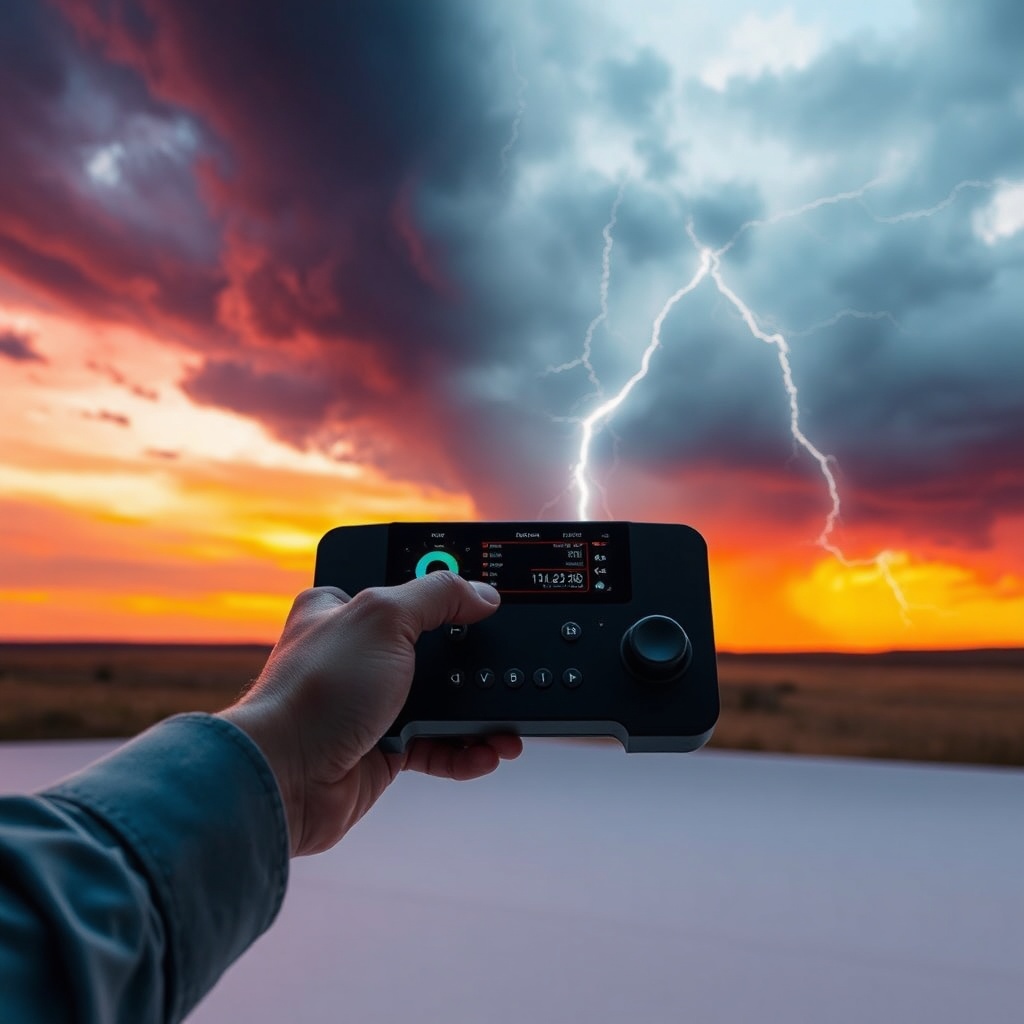 openai - a digital artist using a sleek handheld controller to shift the lighting and weather conditions in a generated virtu
