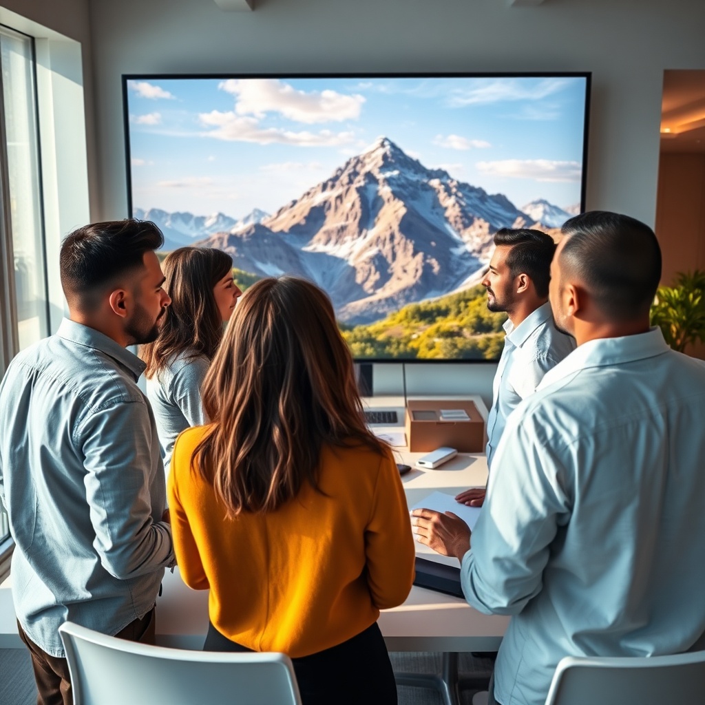 openai - a diverse group of creative professionals collaborating in a bright, modern office, looking at a large interactive s