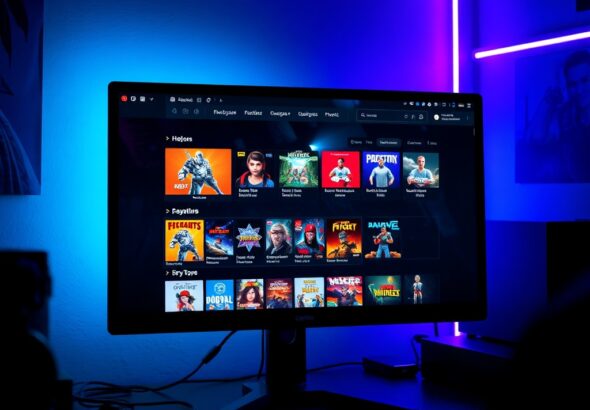 A digital storefront interface glowing on a computer monitor in a dimly lit room, featuring game icons and colorful banners, high resolution, cinematic gaming setup, neon blue and purple ambient lighting, sharp focus on the screen, professional photography style.